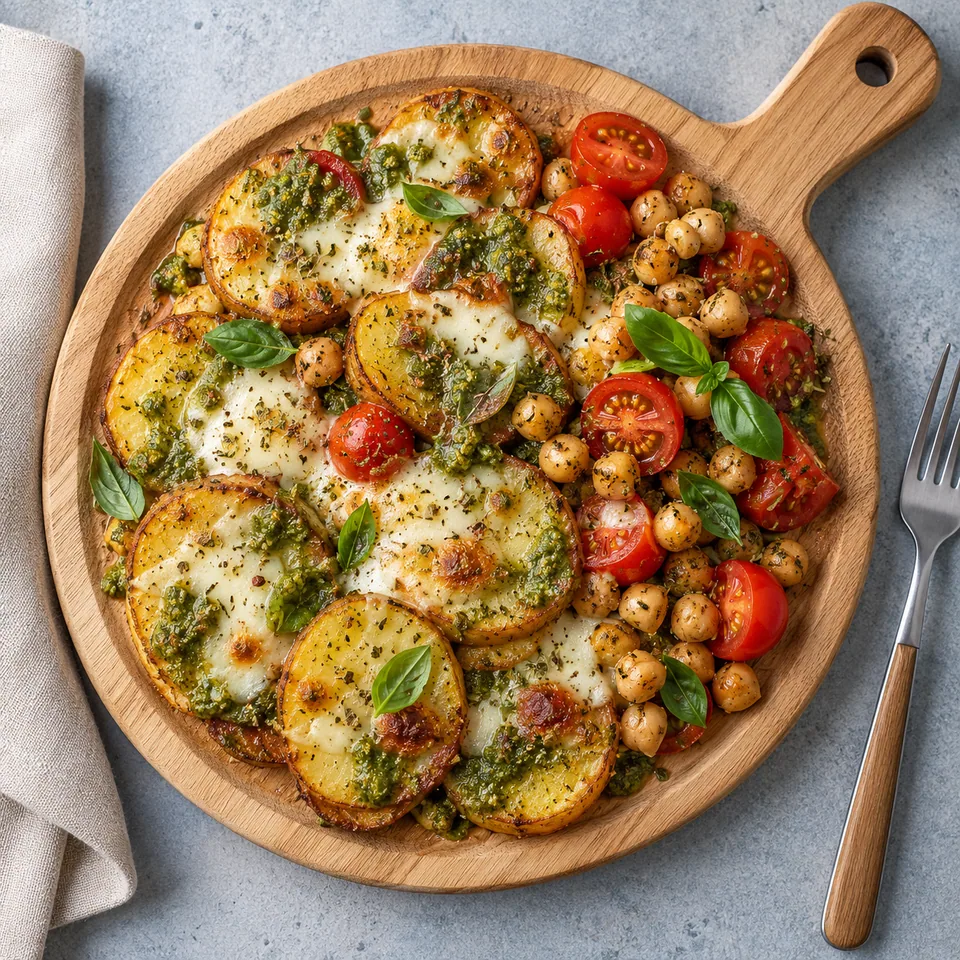 Rondelles de pommes de terre façon pizza sur planche en bois : pommes de terre dorées, sauce tomate verte, mozzarella fondue, tomates et pois chiches frais.