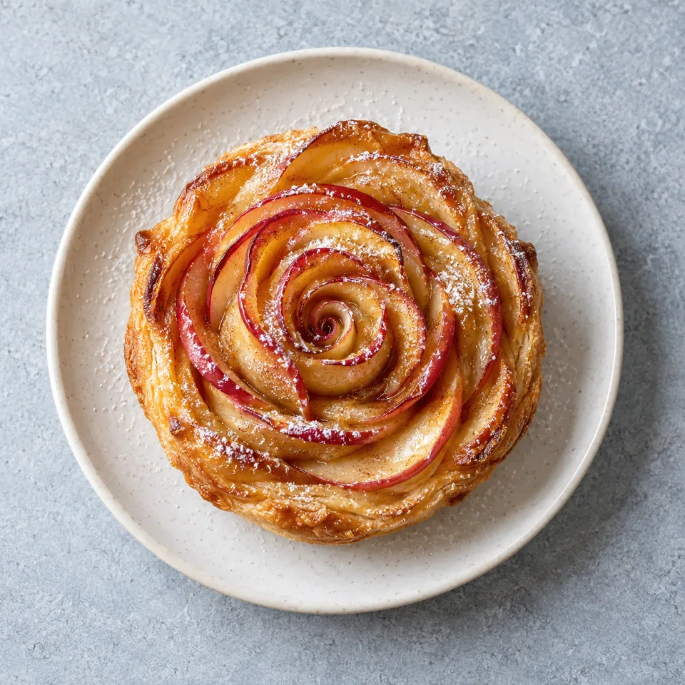 Rose feuilletée aux pommes et cannelle sur assiette blanche, dorée et saupoudrée de sucre glace.