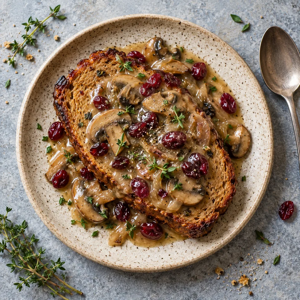 Rôti de seitan aux champignons et canneberges : tranche dorée nappée de sauce et canneberges sur assiette beige.