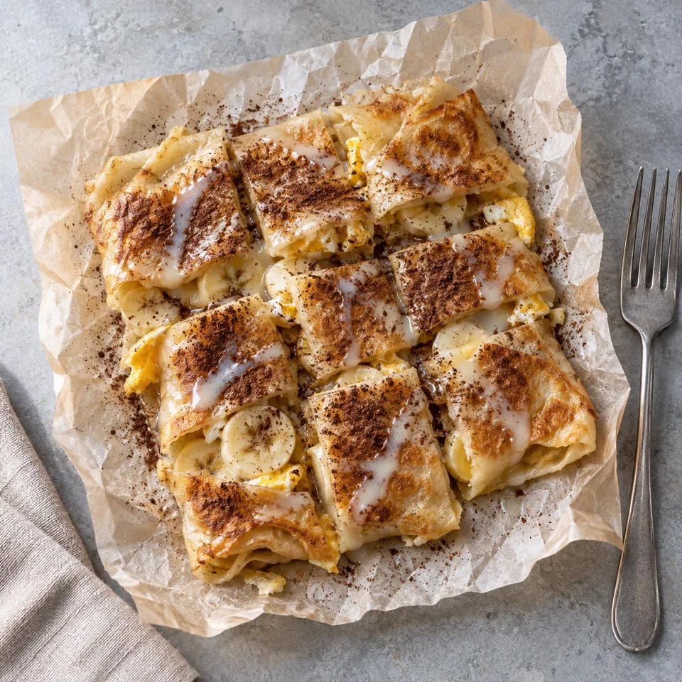 Roti gluay, crêpe thaïe à la banane : morceaux dorés nappés de lait concentré et cacao sur papier cuisson.