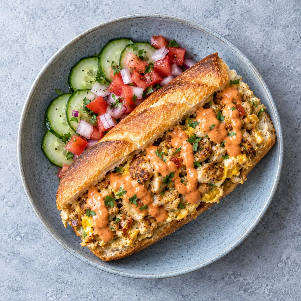 Roti john : baguette dorée garnie d'omelette au poulet, légumes frais et sauce yaourt rouge sur assiette bleue.