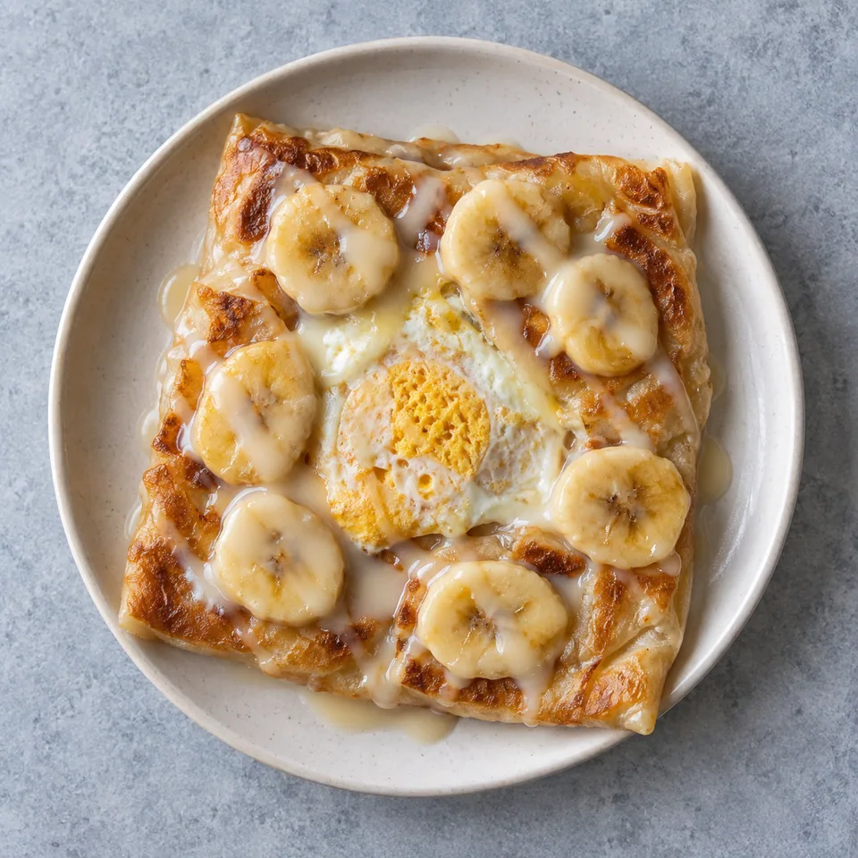 Roti thaï banane et lait concentré : une part de crêpe dorée garnie de banane et d'œuf, arrosée de lait concentré.