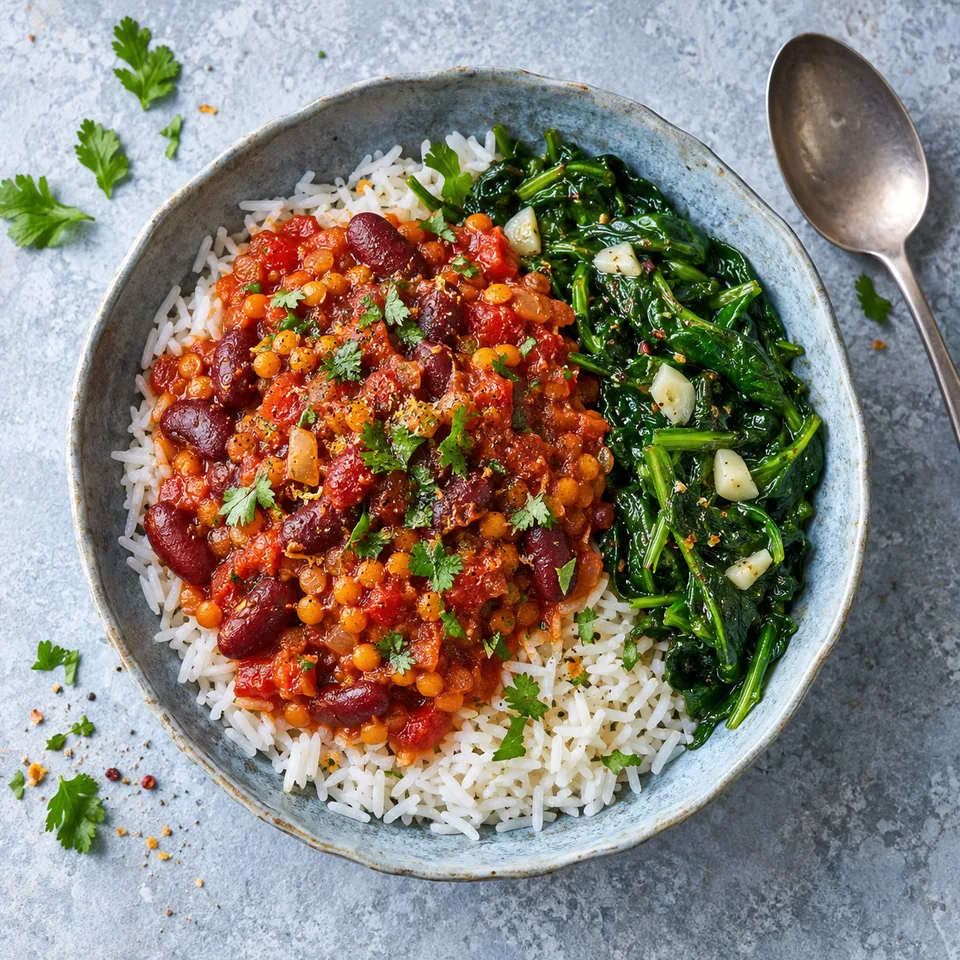 Rougail tomate aux haricots rouges, riz et brèdes : bol de riz blanc, haricots rouges et lentilles corail en sauce rouge, épinards verts.