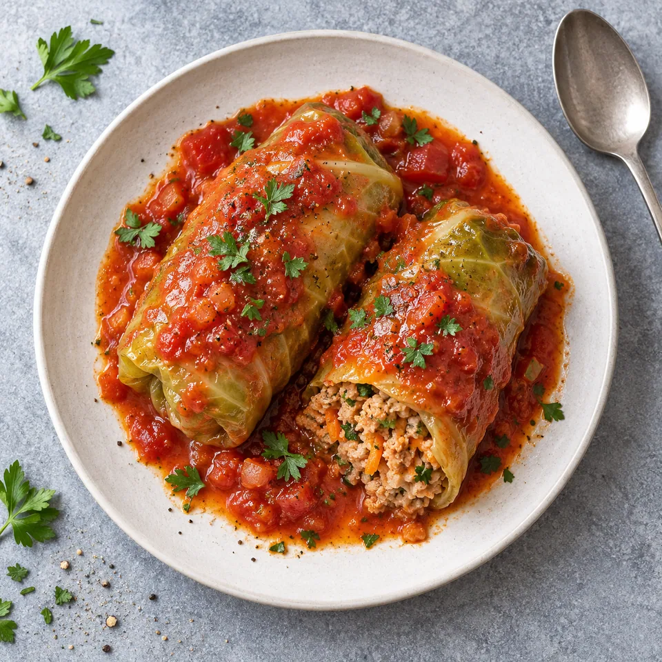 Rouleaux de chou farcis à la dinde nappés de sauce tomate sur assiette blanche