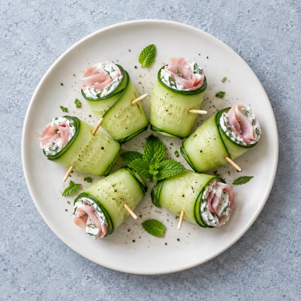 Assiette de six rouleaux de concombre au jambon et fromage frais à la menthe, présentés en éventail.