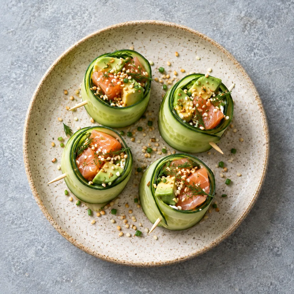 Quatre rouleaux de concombre au saumon et avocat parsemés de sésame sur une assiette beige.