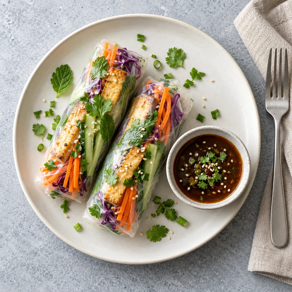 Rouleaux de riz au tofu et légumes : deux rouleaux colorés avec tofu doré et légumes crus, servis avec sauce et herbes.