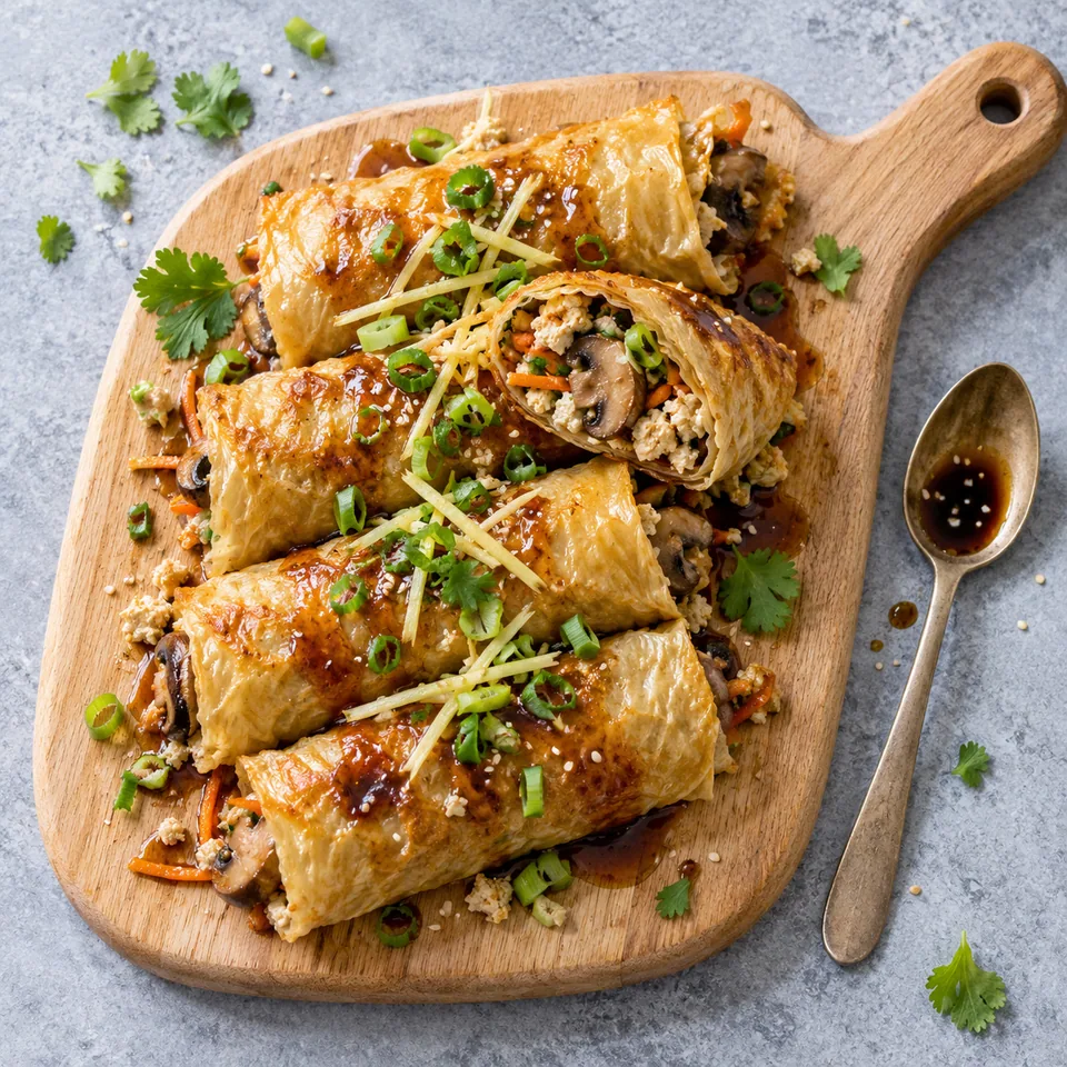 Rouleaux de yuba aux champignons dorés sur planche en bois, garnis de carotte et ciboule.