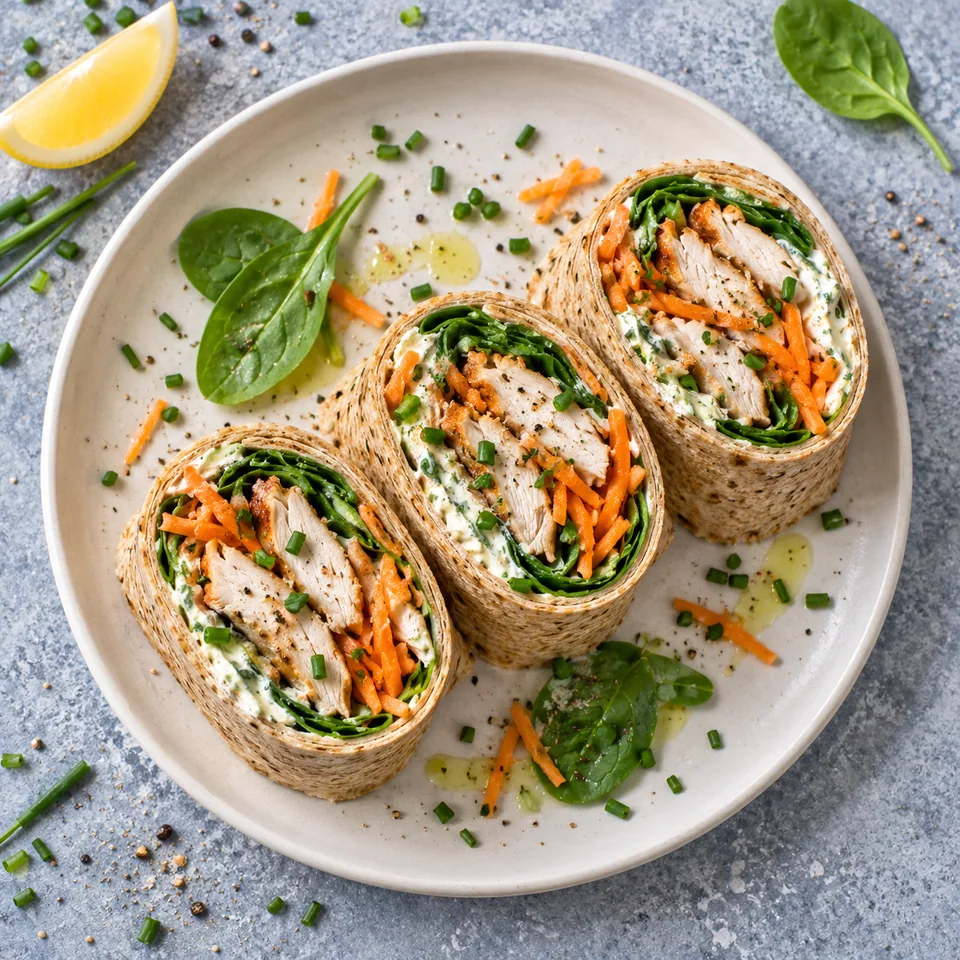 Trois tronçons de roulés au poulet rôti, fromage frais et légumes sur une assiette blanche.