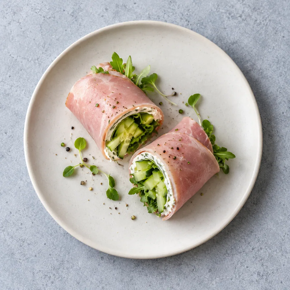 Roulés de jambon au fromage frais : demi-roulés roses garnis de bâtonnets de concombre vert et de jeunes pousses sur assiette blanche.