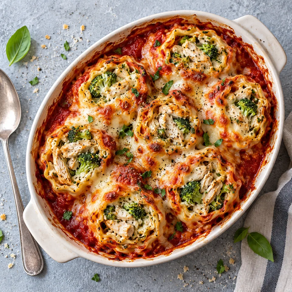 Roulés de lasagnes au poulet et brocoli, sauce tomate : spirales dressées dans un plat ovale, sauce rouge, mozzarella dorée.
