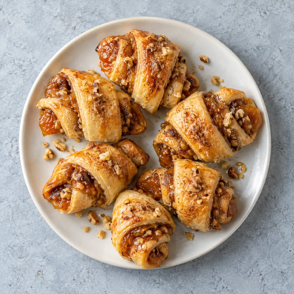Rugelach à l’abricot dorés et croustillants sur une assiette blanche, garnis de noix et de confiture orange.