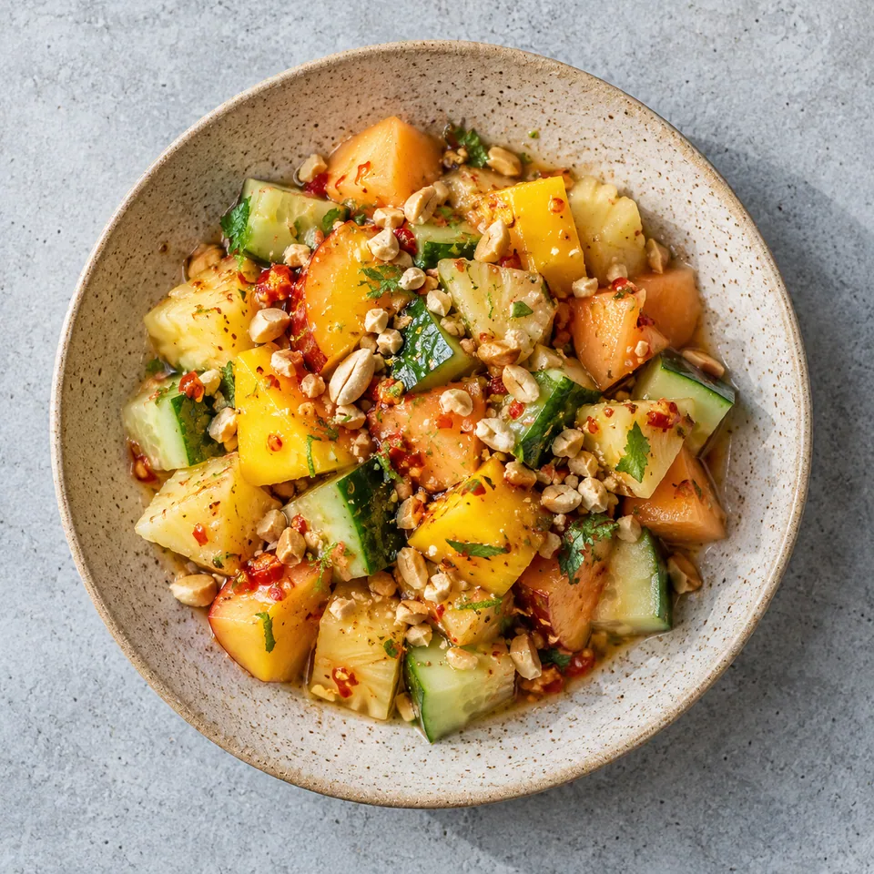 Rujak de fruits épicés : dés de mangue, ananas, pêche, melon et concombre, sauce citronnée brillante et cacahuètes concassées.