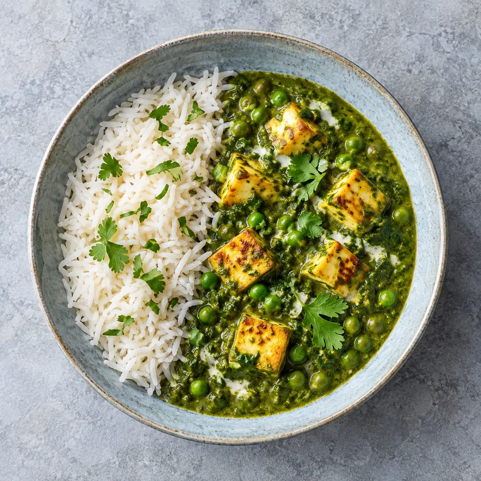 Assiette creuse bleu-gris : riz basmati blanc et saag paneer vert avec cubes de paneer dorés.