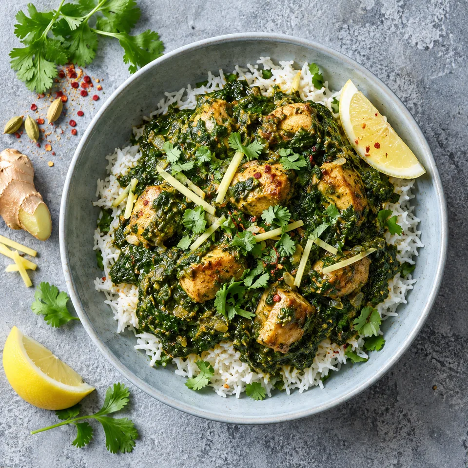 Saag poulet aux épinards et riz basmati dans un bol bleu-gris, sauce verte onctueuse avec dés de poulet et herbes fraîches.
