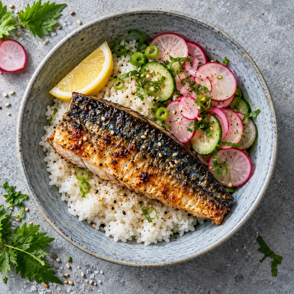 Saba shioyaki : maquereau grillé à la peau dorée sur riz blanc, radis et concombre frais, avec un quartier de citron.