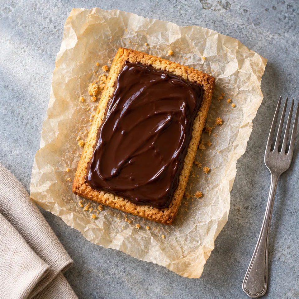 Sablé au chocolat noir comme à l’école : un rectangle doré avec du chocolat fondu brillant sur papier cuisson.