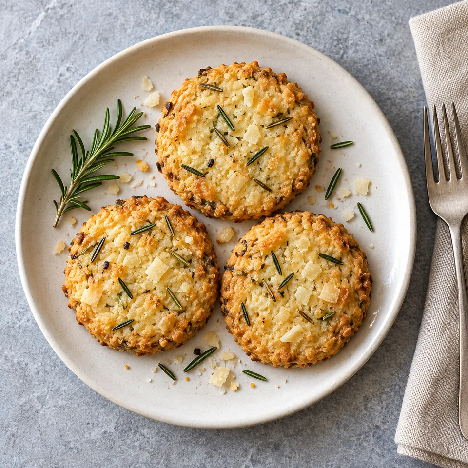 Trois sablés au parmesan et romarin dorés sur une assiette blanche, garnis de fines herbes et de fromage.