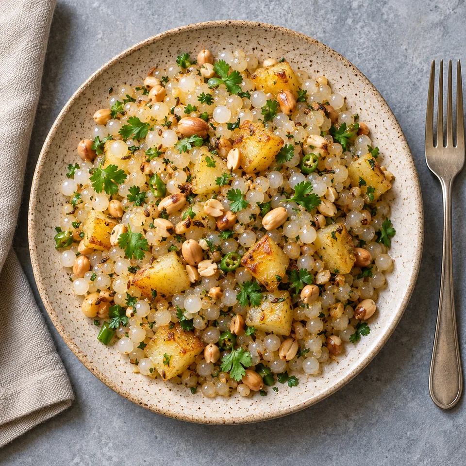 Saboudana khichdi aux cacahuètes : perles translucides, pommes de terre dorées et coriandre sur assiette beige.