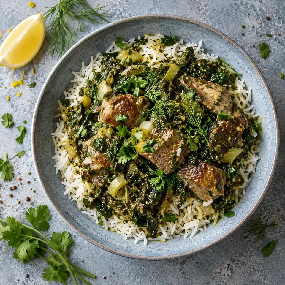 Sabzi challow : riz blanc, agneau doré, épinards verts et herbes fraîches dans une assiette creuse bleu-gris.