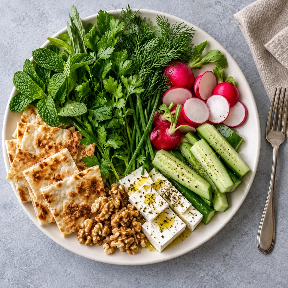 Sabzi khordan : herbes fraîches, feta, radis, concombre, noix et pain lavash sur assiette blanche.