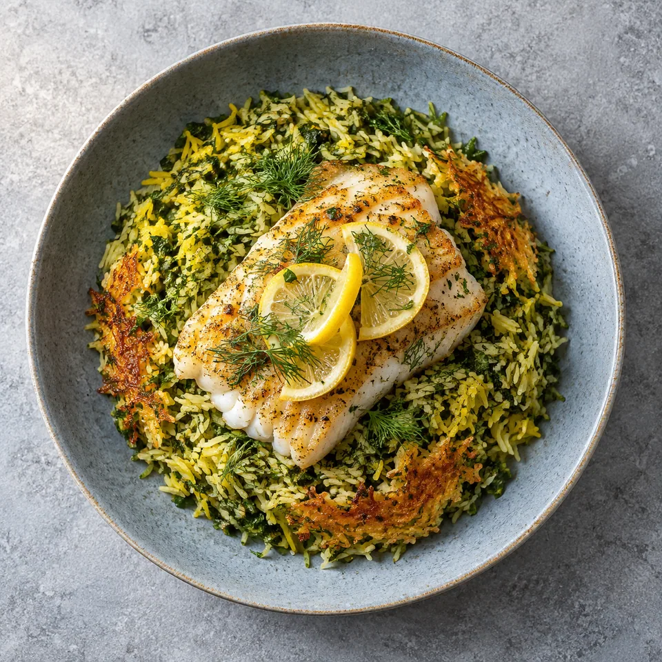 Sabzi polo : riz aux herbes vert et doré avec croûte croustillante, accompagné d'un filet de cabillaud poêlé et de citron.