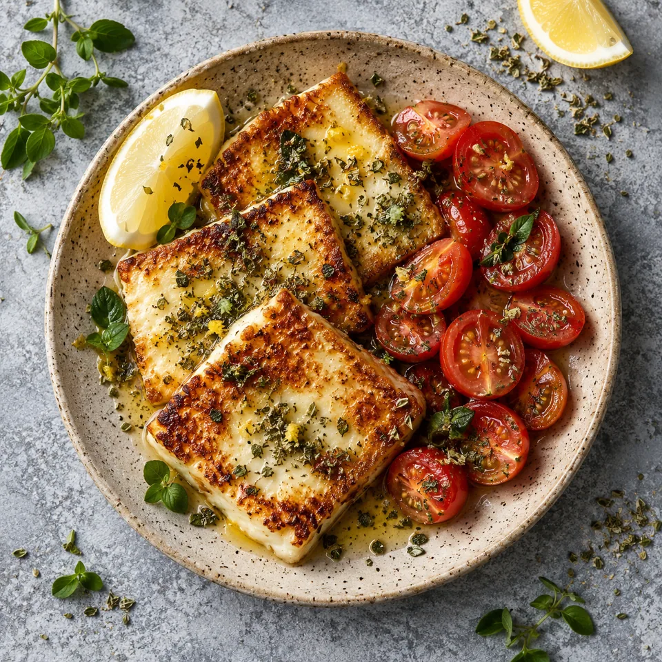 Saganaki doré à la poêle et citron : tranches de fromage végétarien croustillantes et dorées, accompagnées de tomates cerises rouges et parsemées d'origan sur une assiette en grès beige.