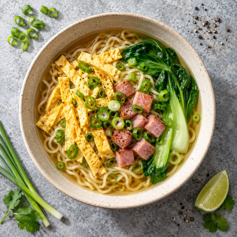 Saimin hawaïen dans un bol blanc : nouilles, omelette en lanières, jambon, pak choï et ciboule dans un bouillon clair.