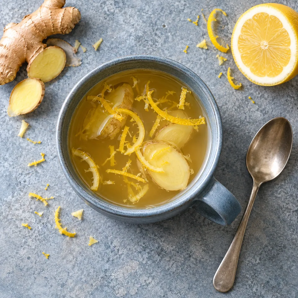 Saké chaud au gingembre et citron dans un mug bleu-gris, avec lamelles de gingembre et zestes de citron visibles.