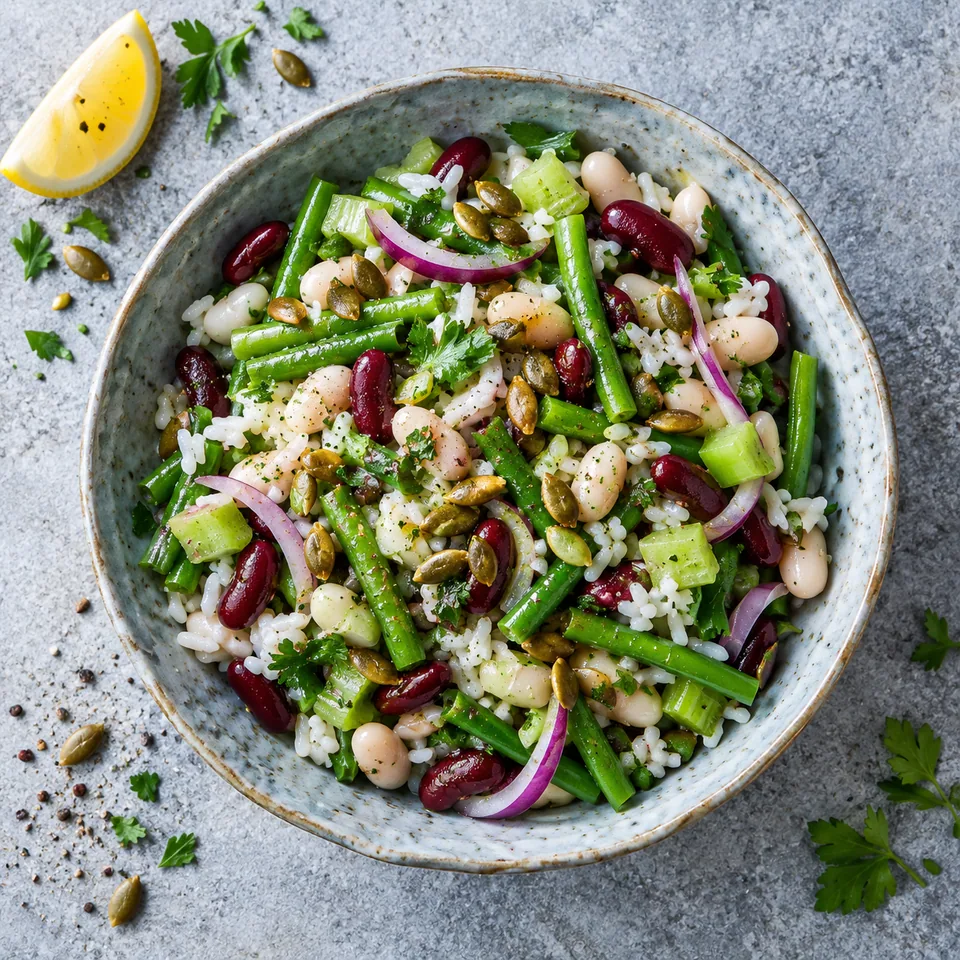 Salade américaine aux trois haricots dans un bol bleu-gris, mélange de haricots, riz, céleri et graines de courge.