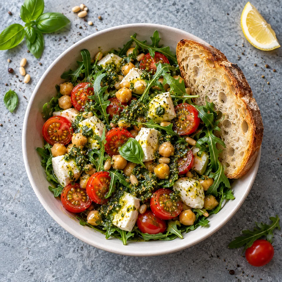 Salade caprese aux pois chiches, roquette et pesto dans un bol blanc, avec tomates, pois chiches et pain.
