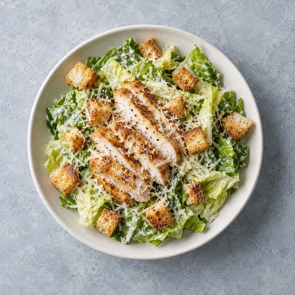 Salade César au poulet grillé : romaine en lanières, poulet tranché, croûtons dorés et parmesan.