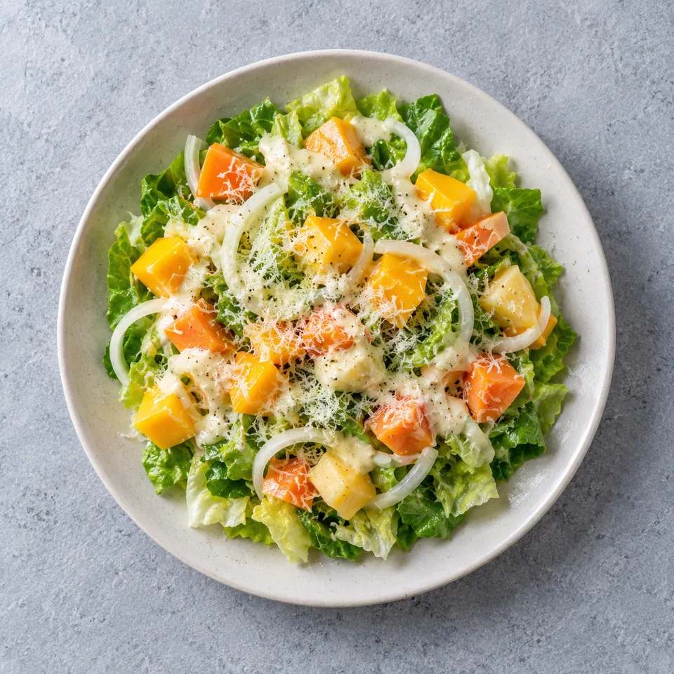 Salade César aux fruits exotiques : salade verte, dés de mangue et papaye, rondelles d'oignon, sauce crémeuse nappée.