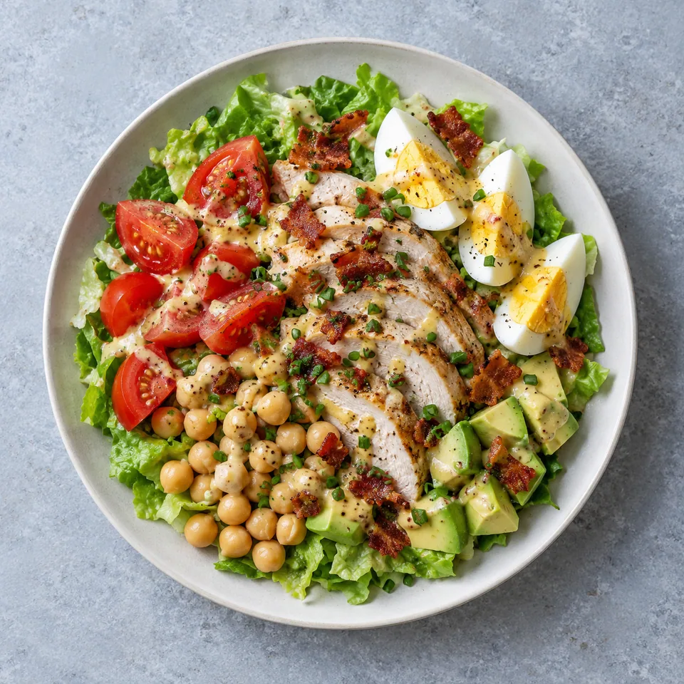 Salade Cobb au poulet : laitue, tomates, pois chiches, avocat, poulet tranché, œuf, bacon et vinaigrette.