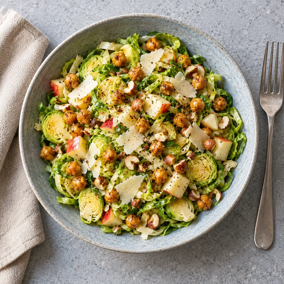 Salade croquante de choux de Bruxelles avec pois chiches dorés, dés de pomme, copeaux de fromage et noisettes dans une assiette bleu-gris.