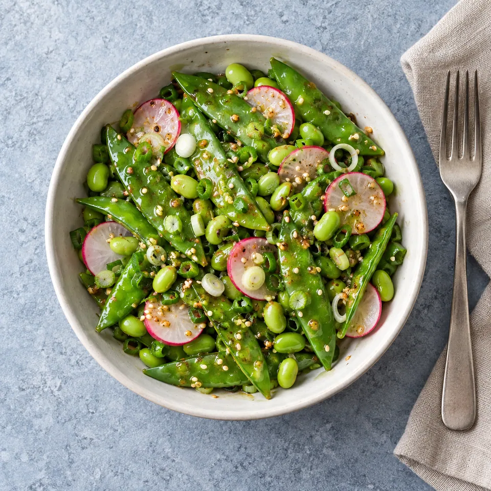Salade croquante de pois gourmands dans un bol blanc, avec edamame, radis et sésame.
