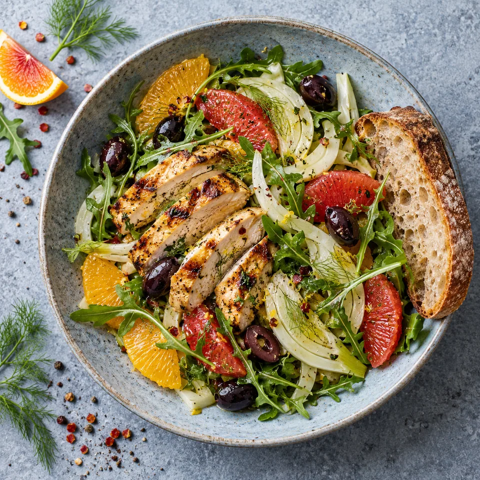 Salade d’agrumes, fenouil, poulet grillé et olives sur assiette bleue-grise avec pain de campagne