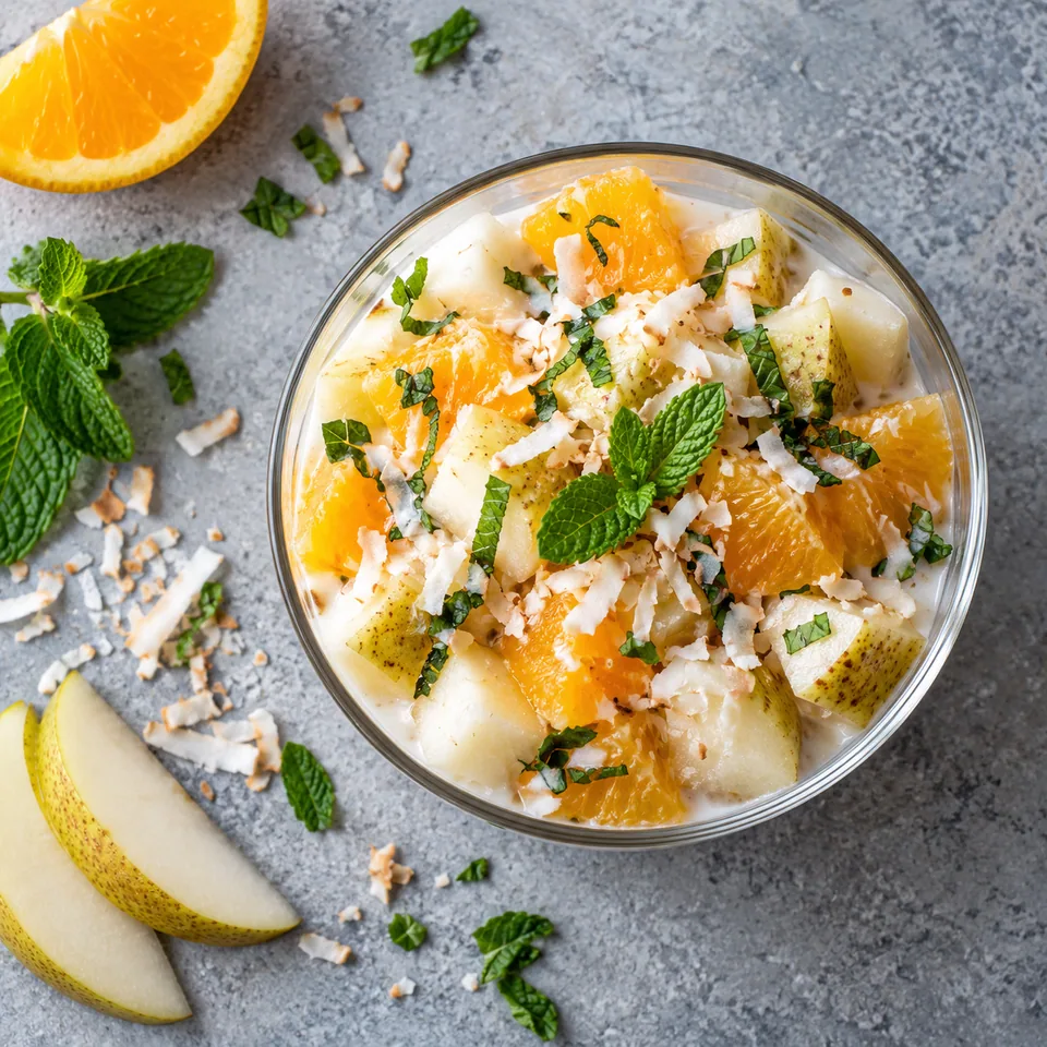 Salade d’agrumes, poire et coco dans une verrine : dés de fruits nappés de crème de coco et menthe fraîche.