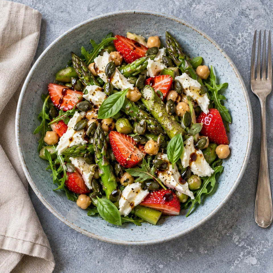 Salade d’asperges, fraises et mozzarella servie dans une assiette creuse en grès bleu-gris pâle, avec pois chiches et graines de courge.