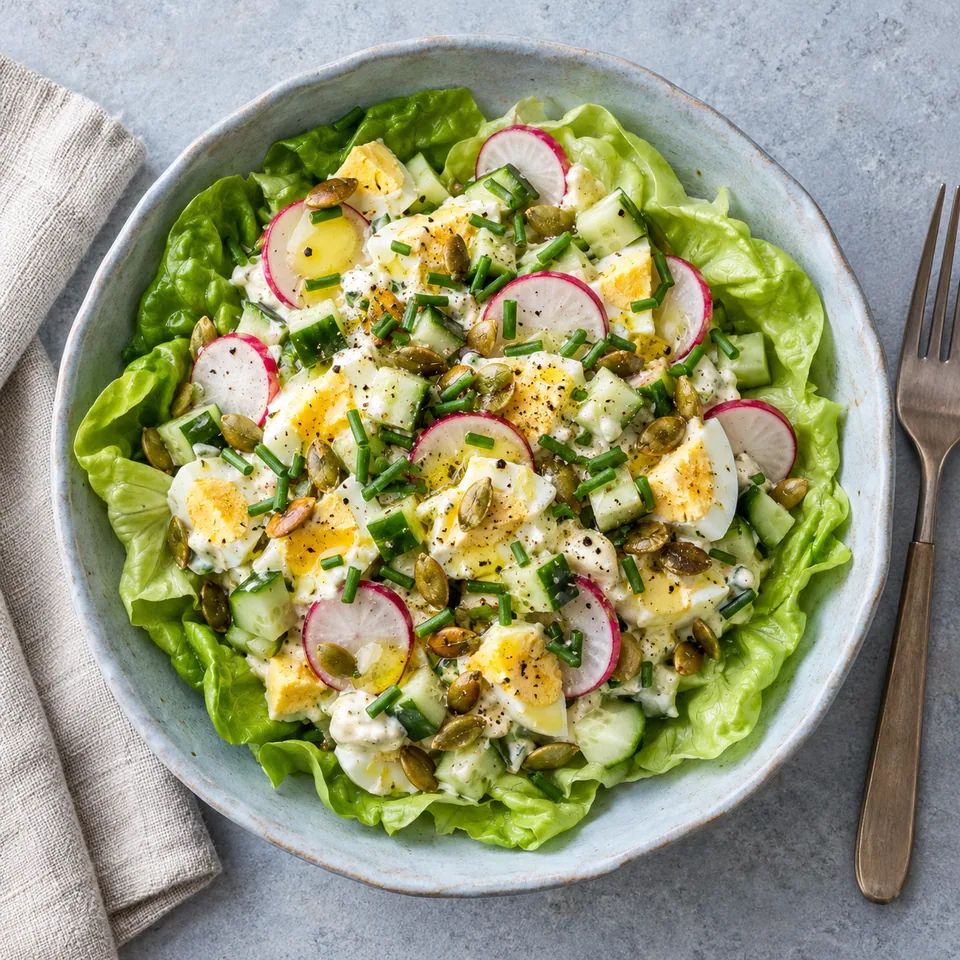 Salade d’œufs durs en feuilles de laitue dans un bol bleu-gris : farce crémeuse, dés de concombre, rondelles de radis et graines de courge dorées.