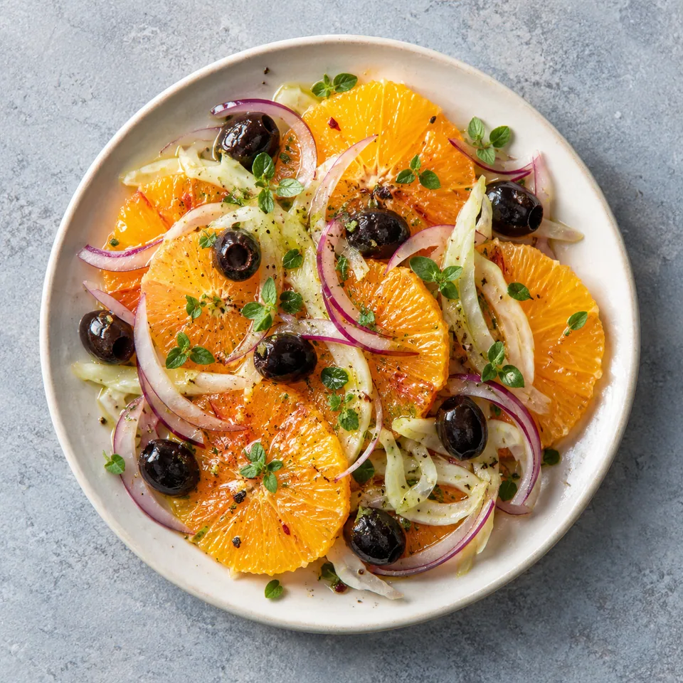 Salade d’oranges sicilienne aux olives noires sur assiette blanche : tranches d'oranges, fenouil et olives.