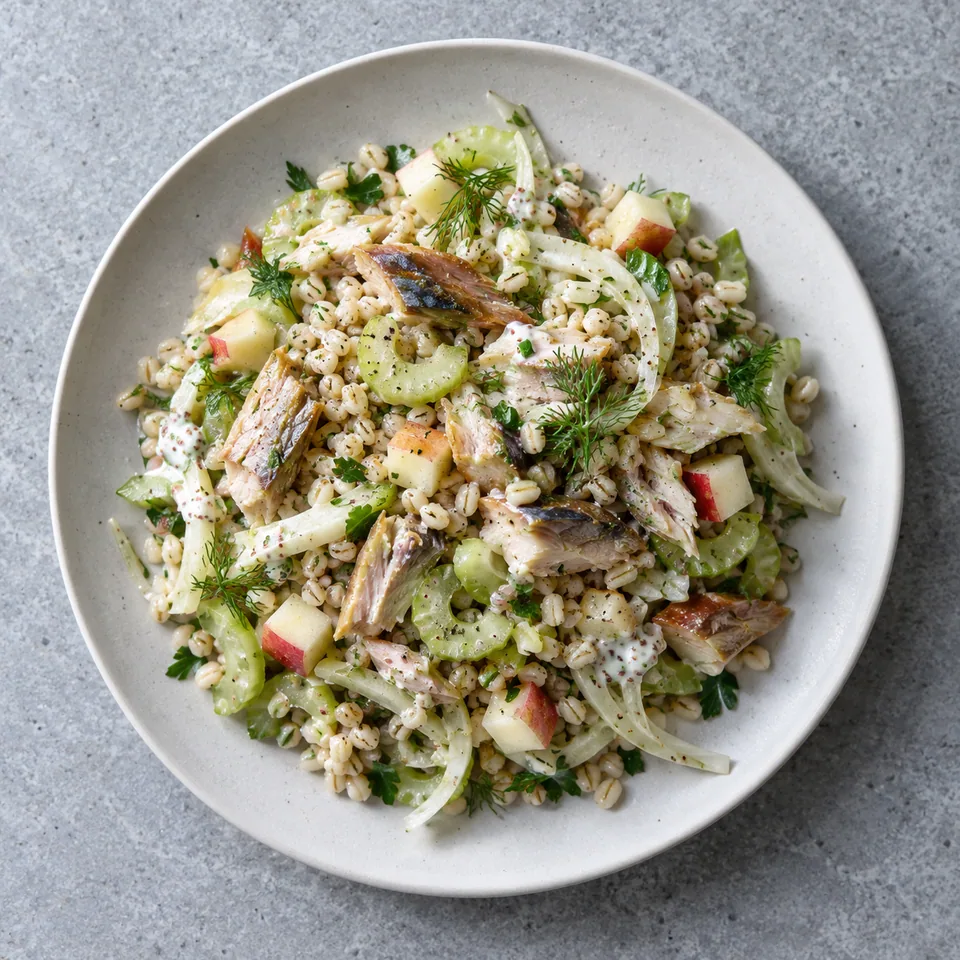 Salade d’orge au maquereau fumé, avec fenouil, céleri, dés de pomme, herbes vertes et sauce au yaourt.