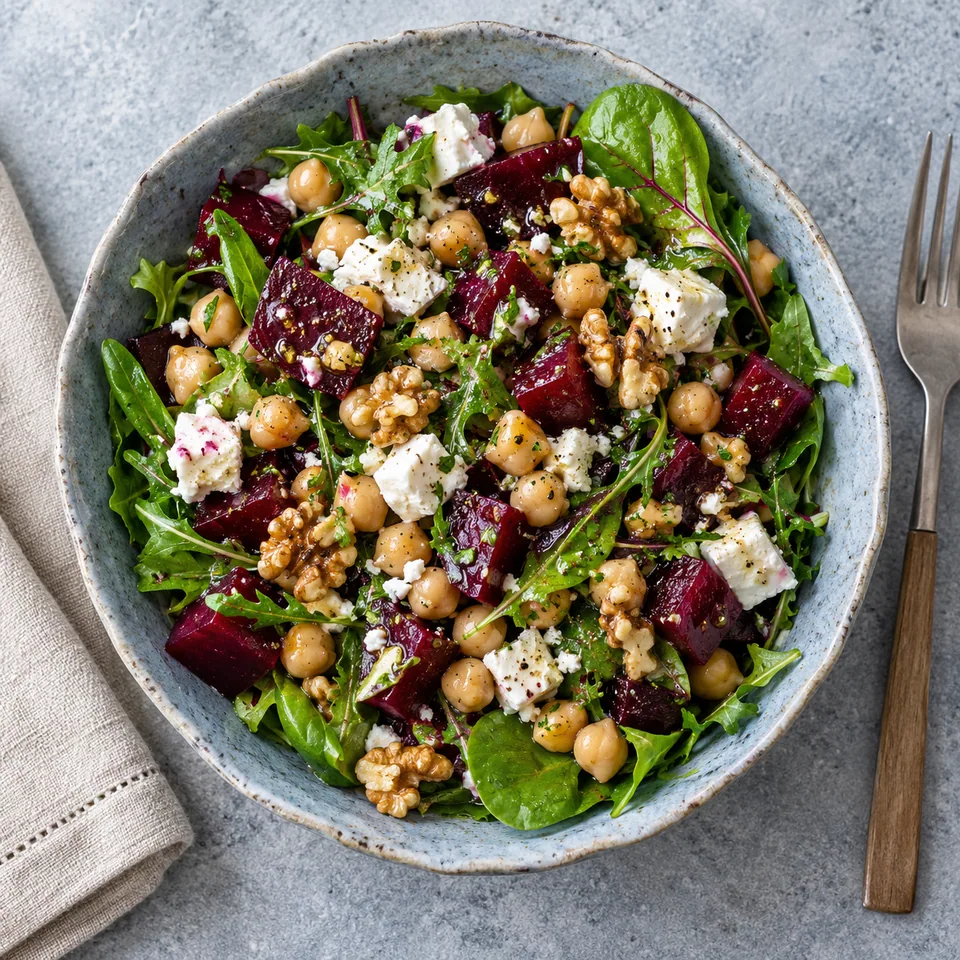 Salade de betteraves, pois chiches, feta et noix dans un bol bleu-gris aux bords irréguliers