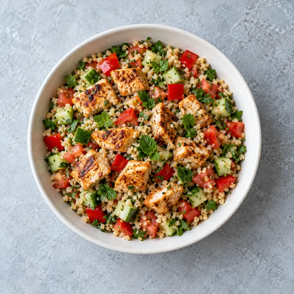 Salade de boulgour au poulet grillé, avec dés de légumes, herbes fraîches et morceaux de poulet doré dans un bol.