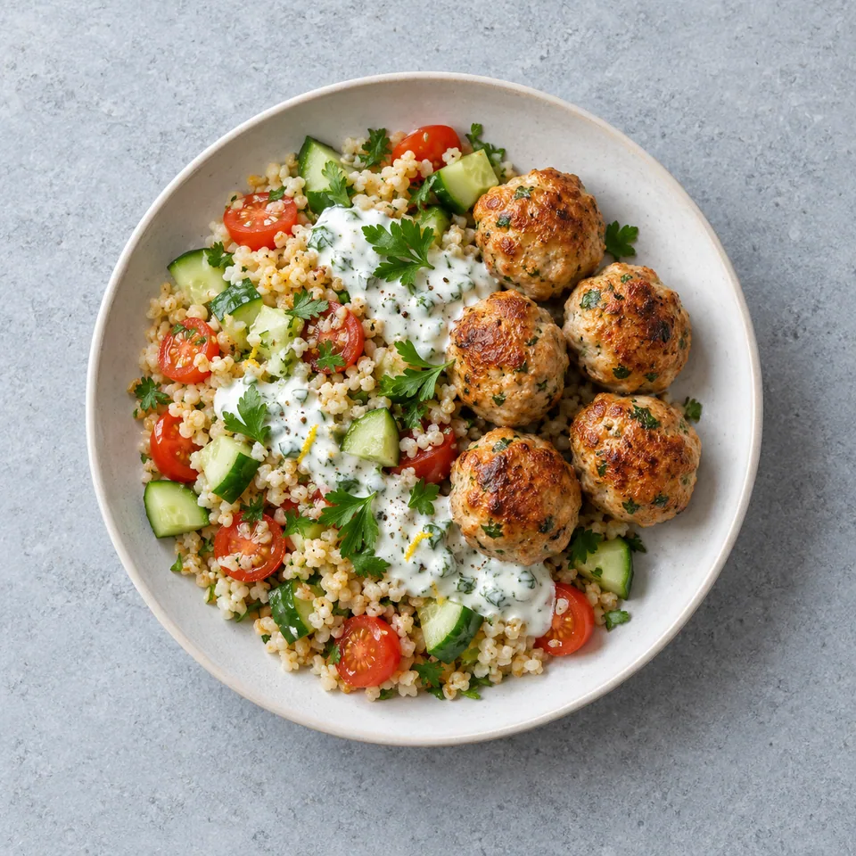Salade de boulgour avec concombre, tomates, cinq boulettes de poulet dorées et sauce blanche au yaourt citronné.