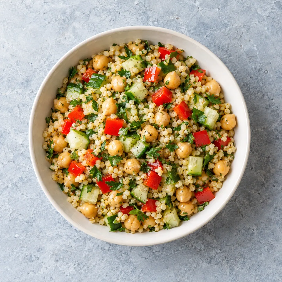 Salade de boulgour et pois chiches avec dés de poivron et concombre, pois chiches entiers et persil dans un bol.