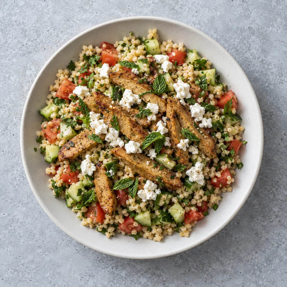 Salade de boulgour en assiette, avec concombre, tomate, herbes, lamelles de seitan dorées et feta émiettée.