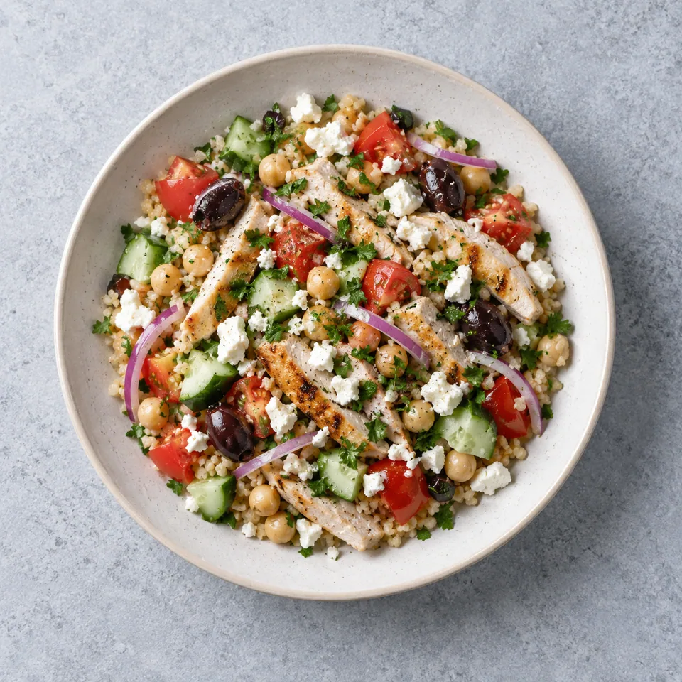 Salade de boulgour, pois chiches et poulet, avec tomates, concombre, olives, oignon rouge, persil et feta.