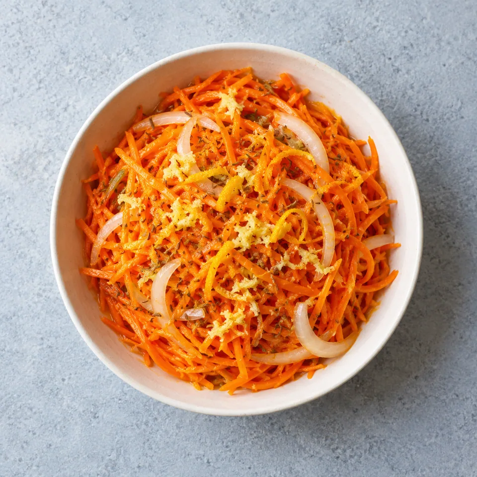 Salade de carottes râpées à l'orange et cumin dans un bol blanc, garnie de zeste.