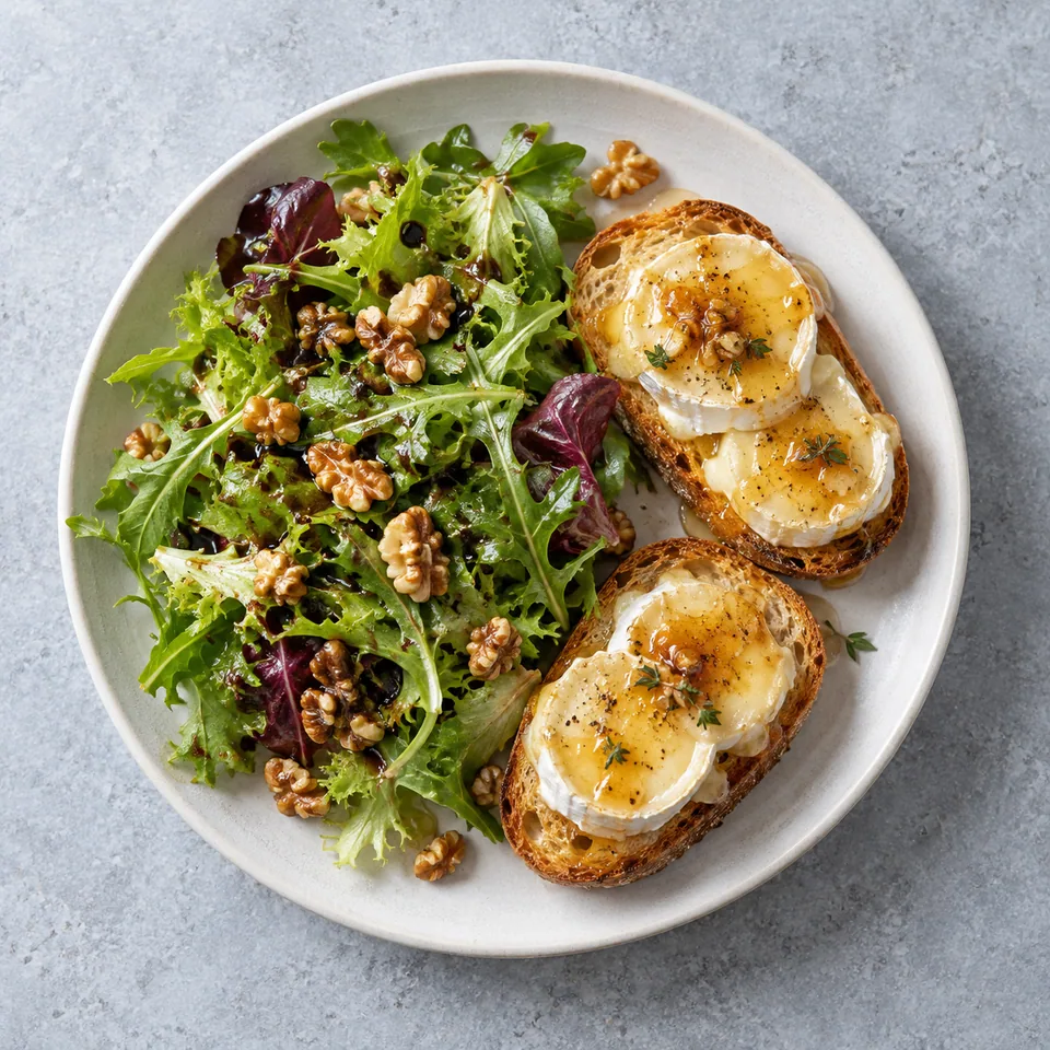 Salade de chèvre chaud : mesclun, noix, deux toasts de pain au chèvre fondu et miel.
